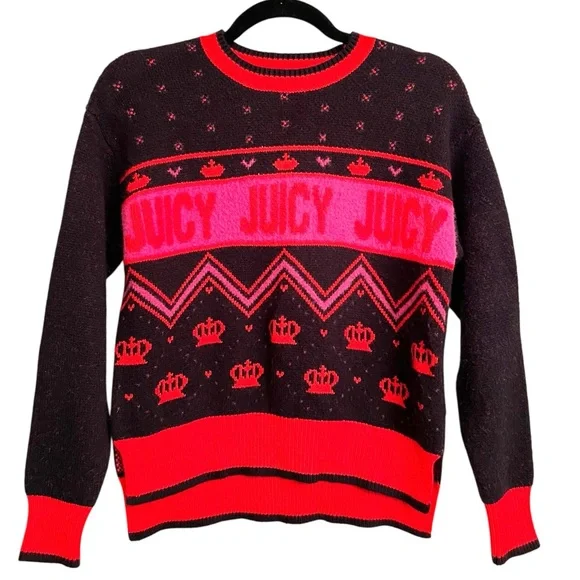 JUICY by Juicy Couture Fair Isle Crown Heart Red Pink Black Sweater Size Small - Picture 2 of 7